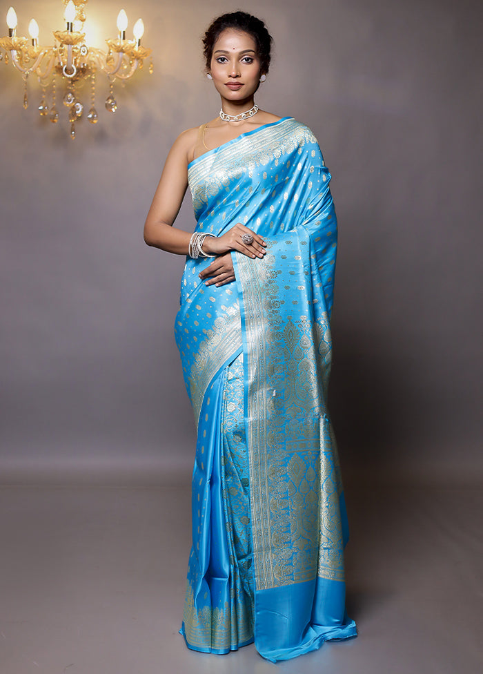 Blue Handloom Banarasi Pure Silk Saree With Blouse Piece