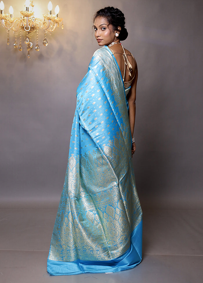 Blue Handloom Banarasi Pure Silk Saree With Blouse Piece - Indian Silk House Agencies