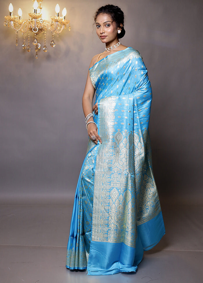 Blue Handloom Banarasi Pure Silk Saree With Blouse Piece