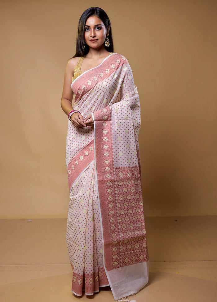 White Kora Silk Saree With Blouse Piece