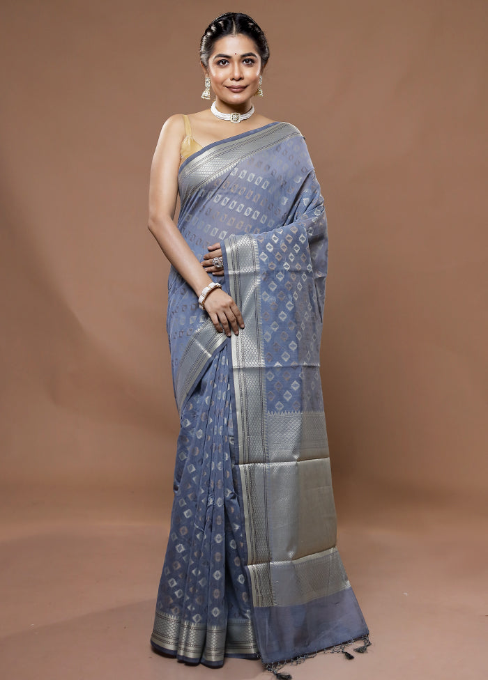 Blue Cotton Saree With Blouse Piece - Indian Silk House Agencies