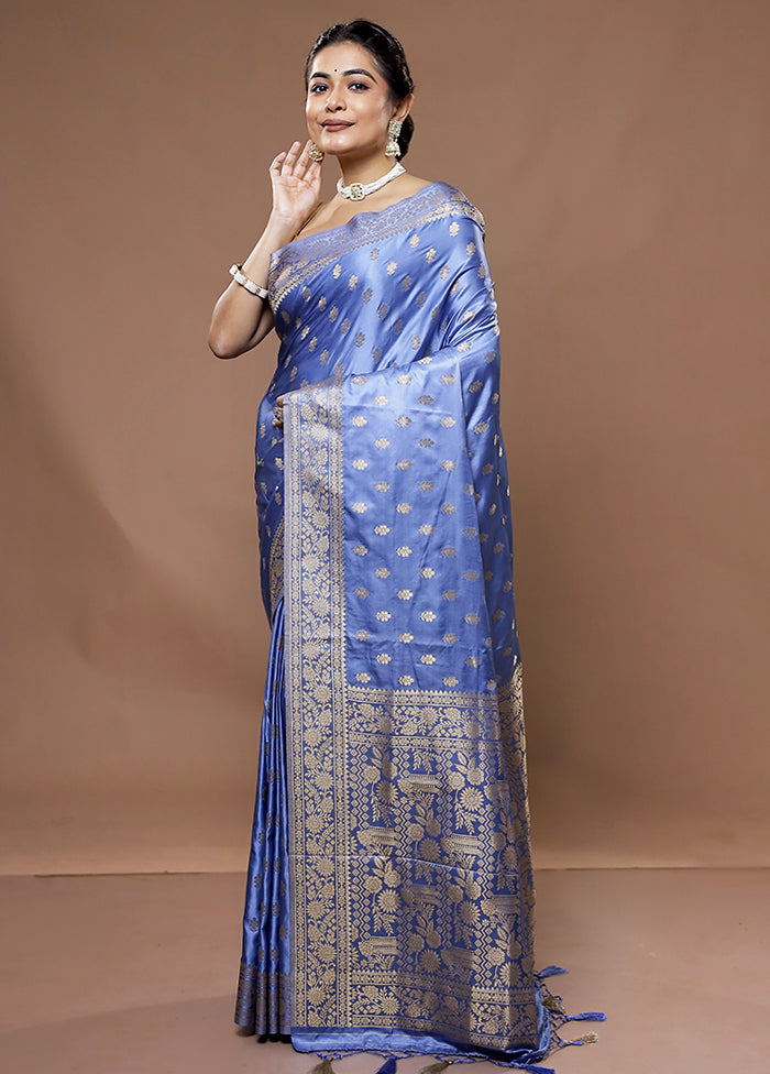 Blue Dupion Silk Saree With Blouse Piece - Indian Silk House Agencies