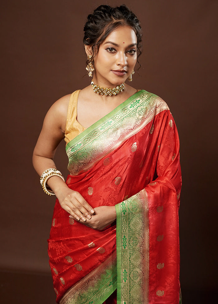 Red Dupion Silk Saree With Blouse Piece - Indian Silk House Agencies