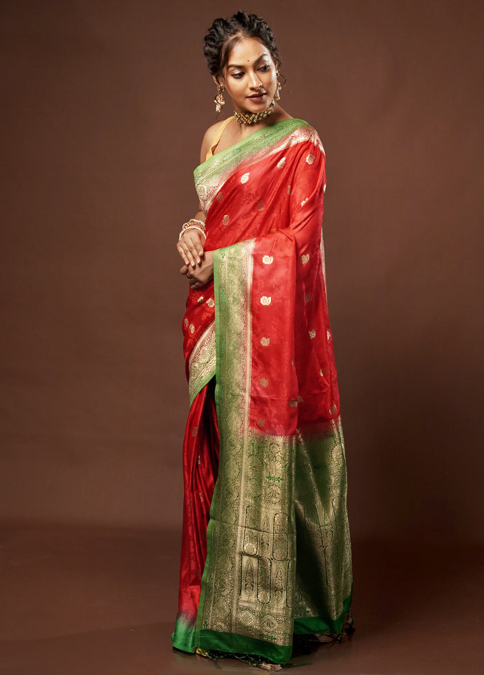 Red Dupion Silk Saree With Blouse Piece - Indian Silk House Agencies