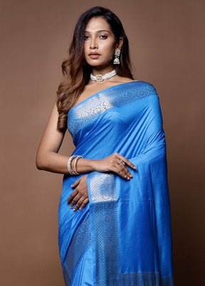 Blue Dupion Silk Saree With Blouse Piece