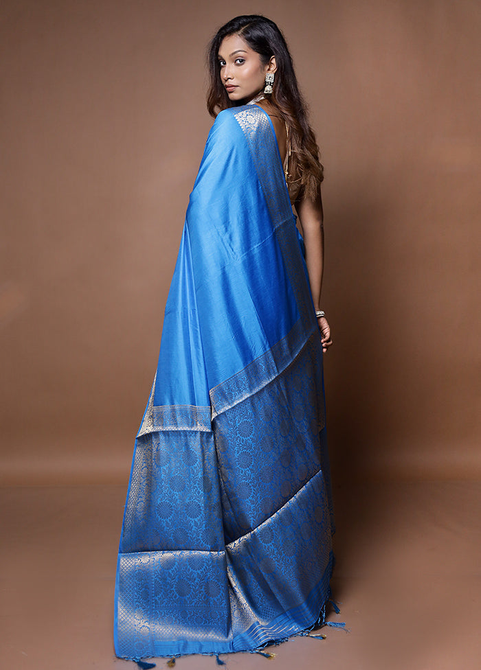 Blue Dupion Silk Saree With Blouse Piece