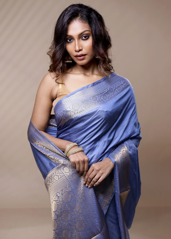 Blue Dupion Silk Saree Without Blouse Piece - Indian Silk House Agencies