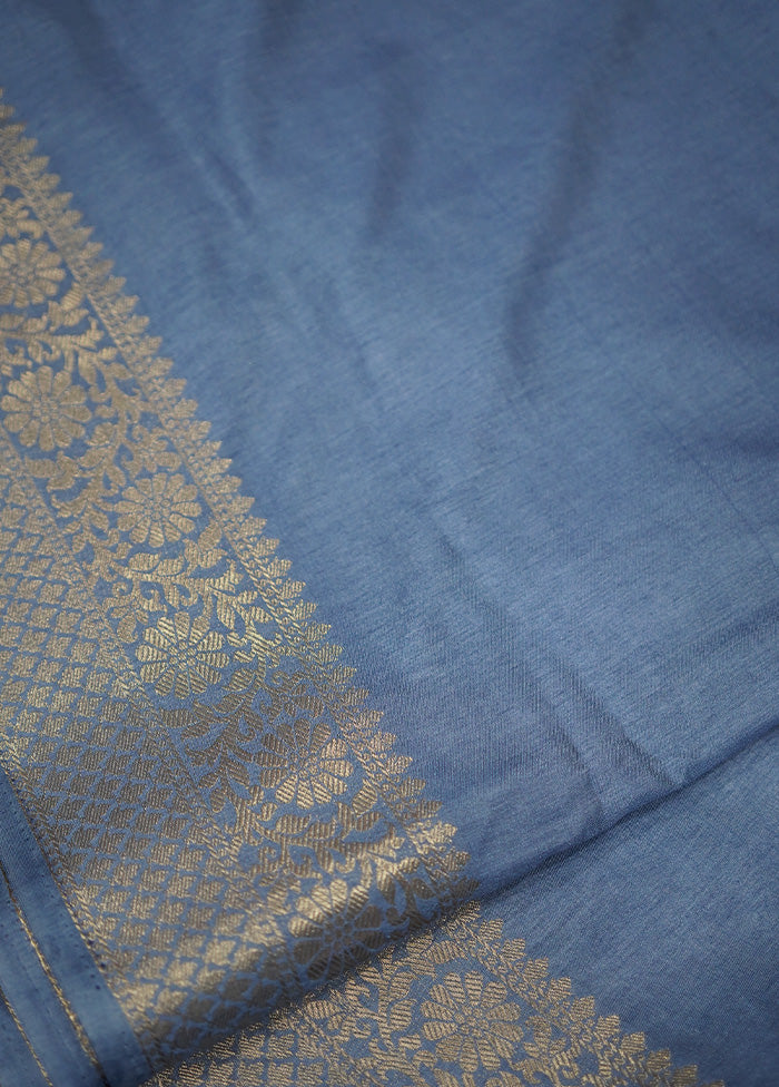 Blue Dupion Silk Saree Without Blouse Piece - Indian Silk House Agencies