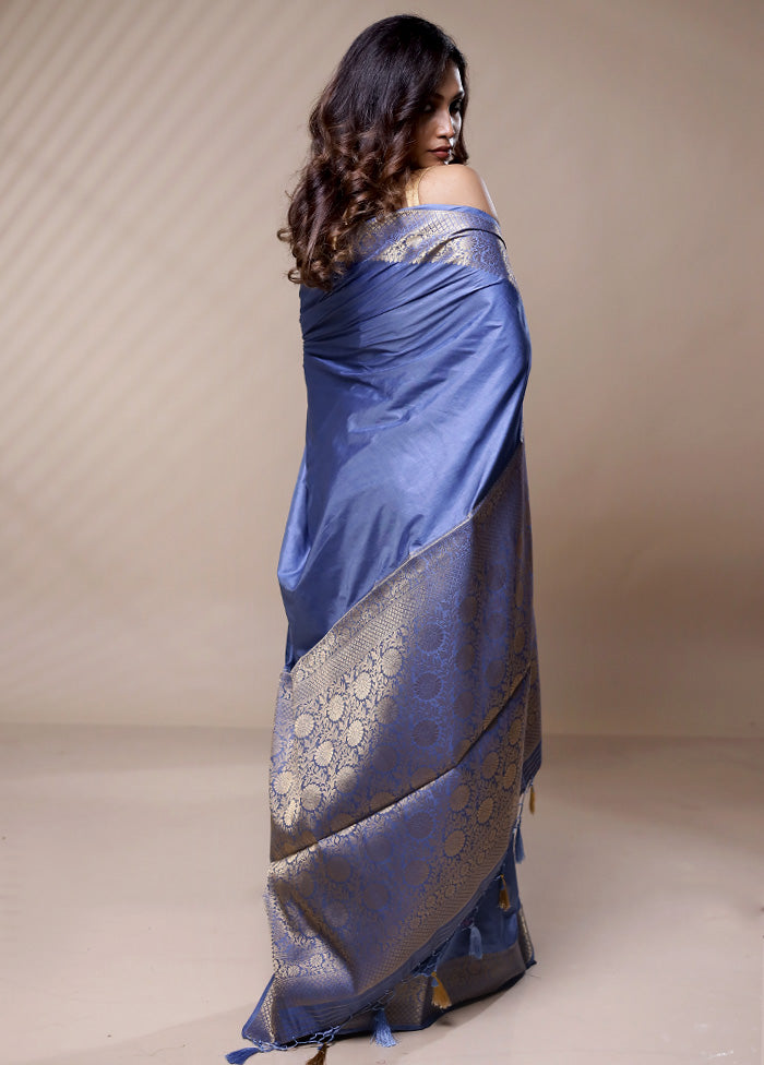 Blue Dupion Silk Saree Without Blouse Piece - Indian Silk House Agencies