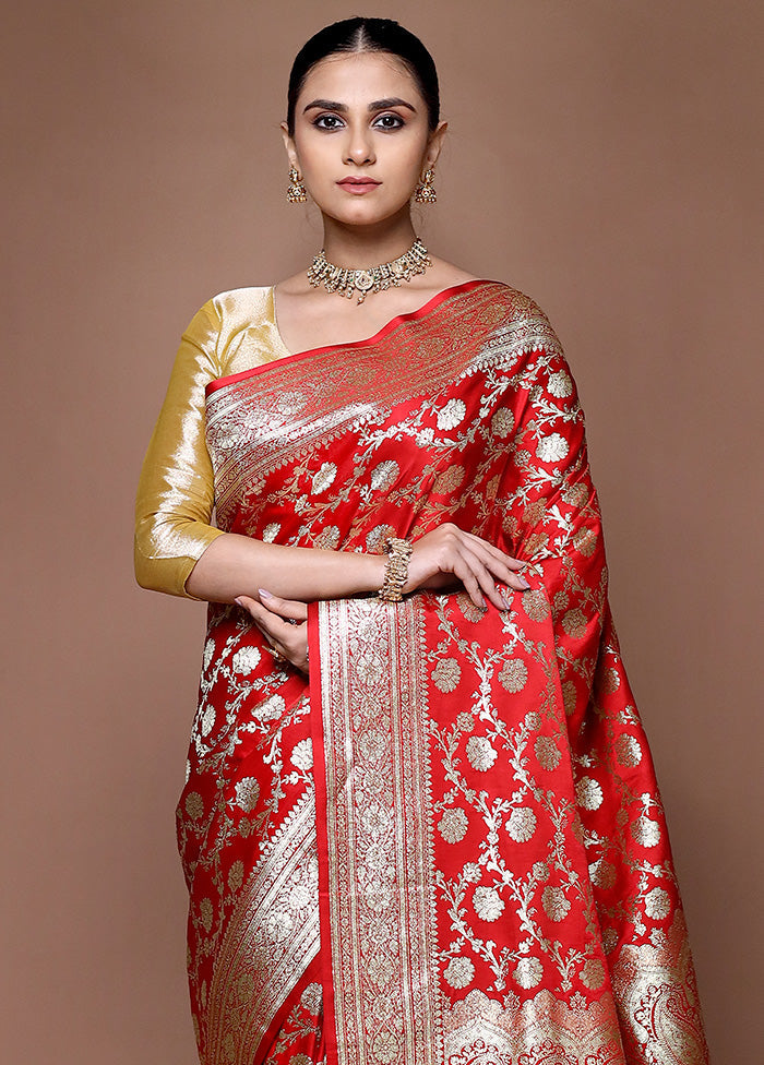 Red Banarasi Silk Saree With Blouse Piece