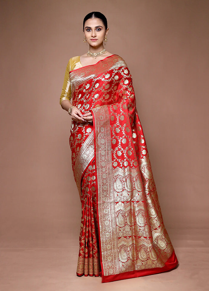 Red Banarasi Silk Saree With Blouse Piece