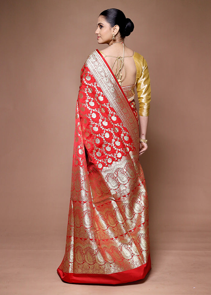 Red Banarasi Silk Saree With Blouse Piece