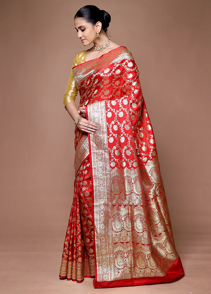 Red Banarasi Silk Saree With Blouse Piece