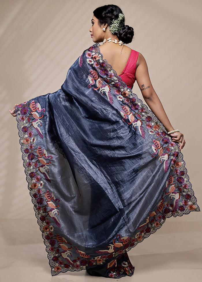 Blue Crushed Tissue Silk Saree With Blouse Piece - Indian Silk House Agencies