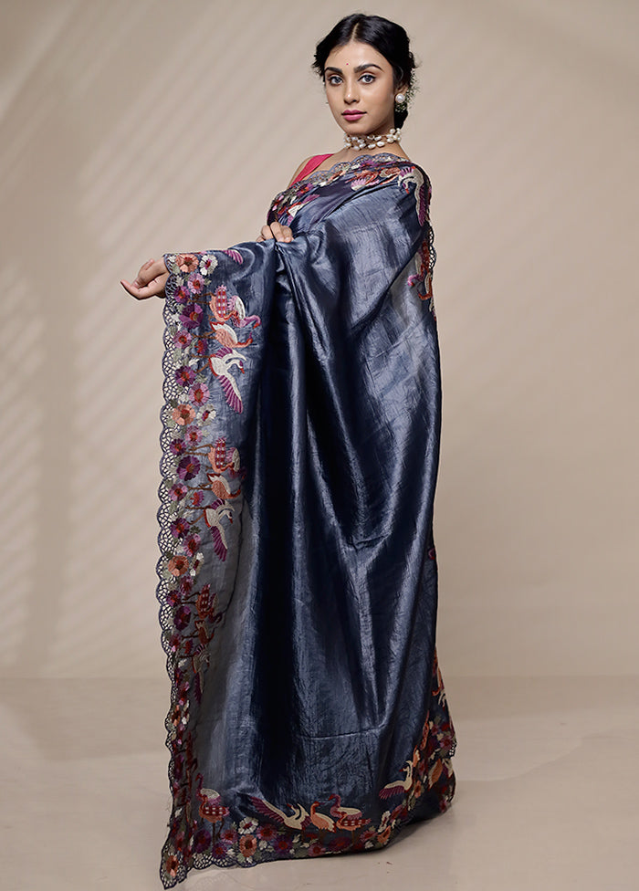 Blue Crushed Tissue Silk Saree With Blouse Piece - Indian Silk House Agencies