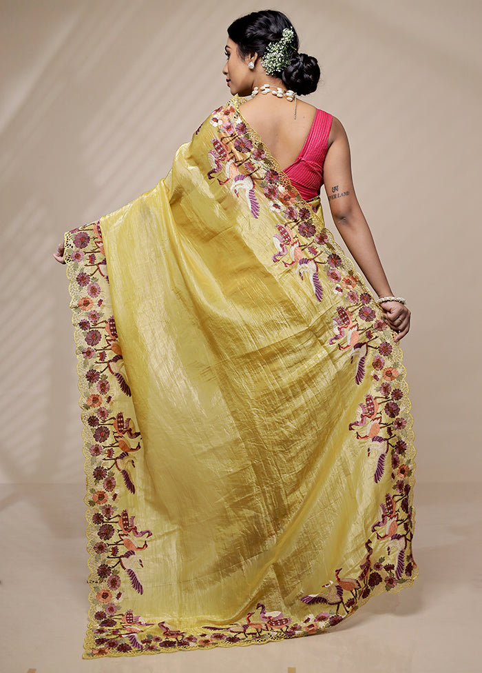 Yellow Crushed Tissue Silk Saree With Blouse Piece - Indian Silk House Agencies