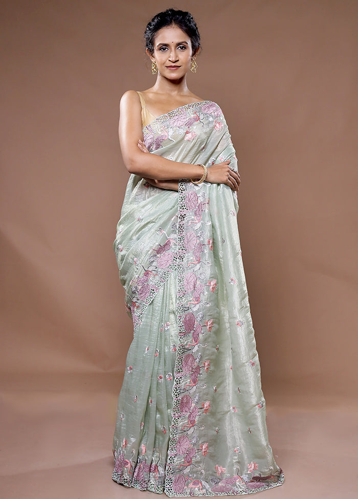 Green Crushed Tissue Silk Saree With Blouse Piece - Indian Silk House Agencies