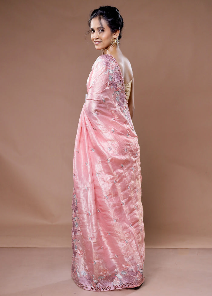 Pink Crushed Tissue Silk Saree With Blouse Piece - Indian Silk House Agencies