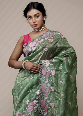 Green Crushed Tissue Silk Saree With Blouse Piece - Indian Silk House Agencies