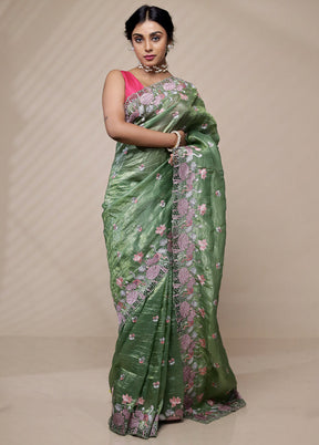 Green Crushed Tissue Silk Saree With Blouse Piece - Indian Silk House Agencies