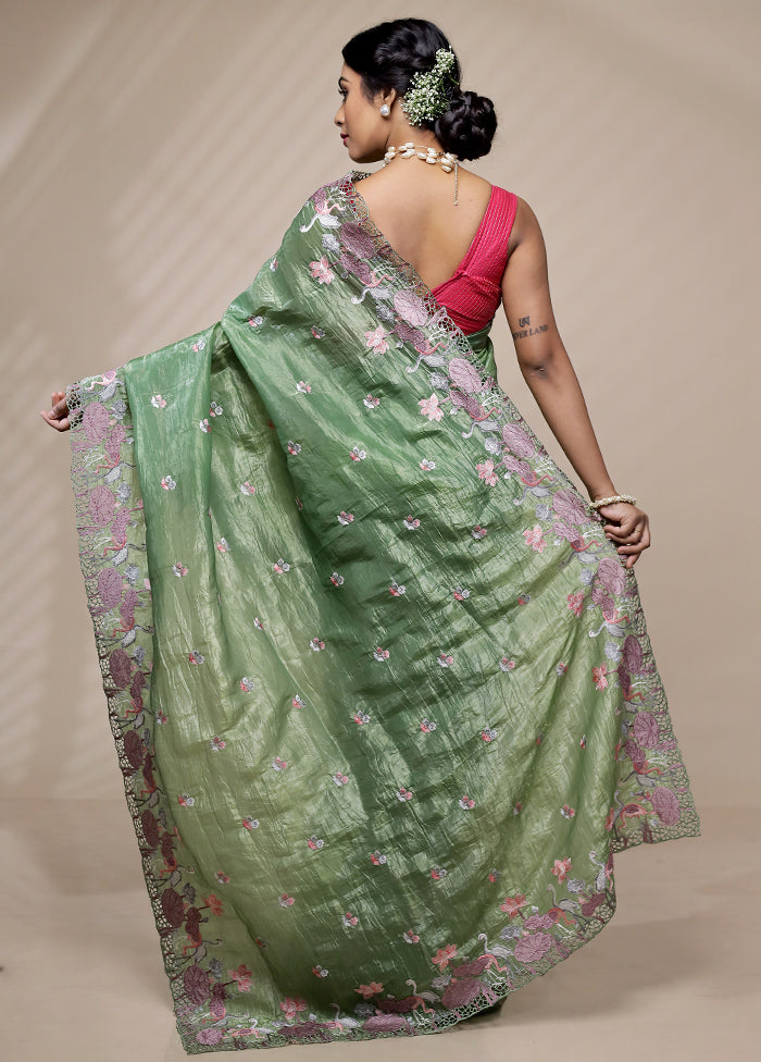 Green Crushed Tissue Silk Saree With Blouse Piece - Indian Silk House Agencies