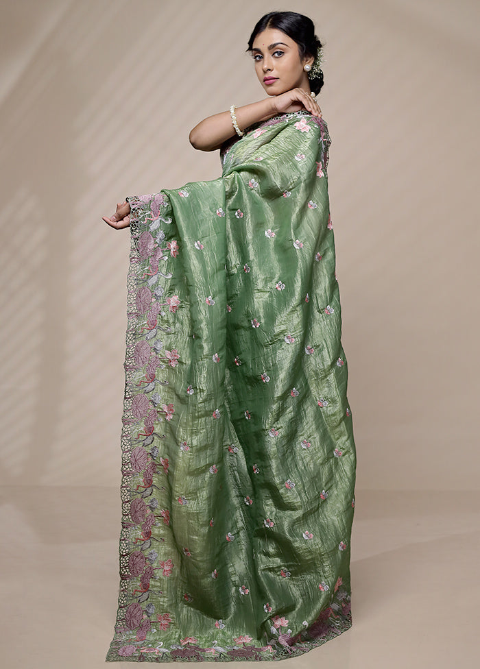 Green Crushed Tissue Silk Saree With Blouse Piece - Indian Silk House Agencies