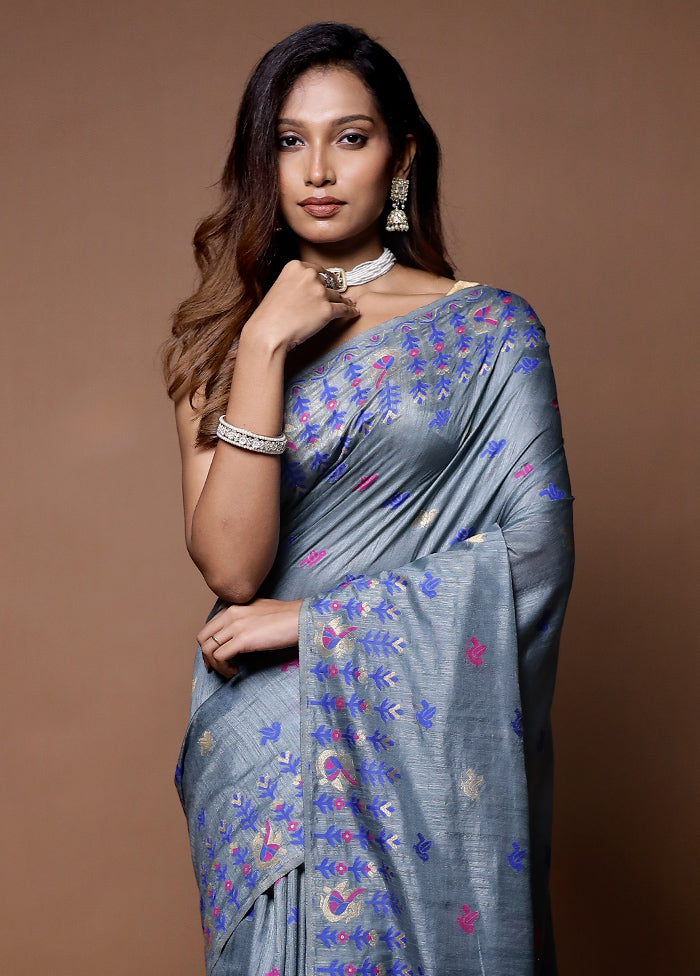 Grey Dupion Silk Saree With Blouse Piece