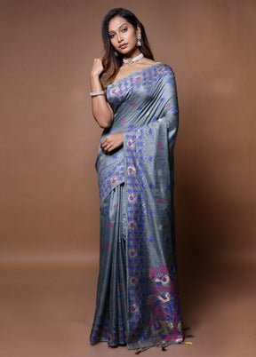 Grey Dupion Silk Saree With Blouse Piece