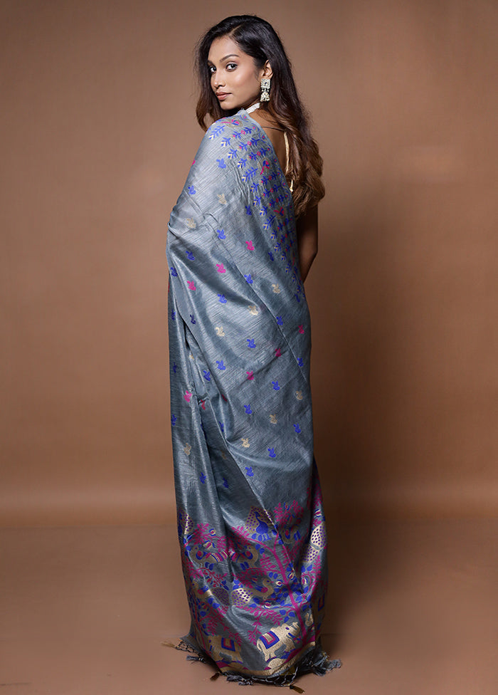 Grey Dupion Silk Saree With Blouse Piece