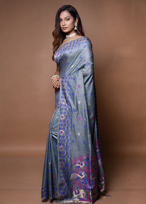 Grey Dupion Silk Saree With Blouse Piece - Indian Silk House Agencies