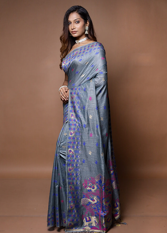 Grey Dupion Silk Saree With Blouse Piece