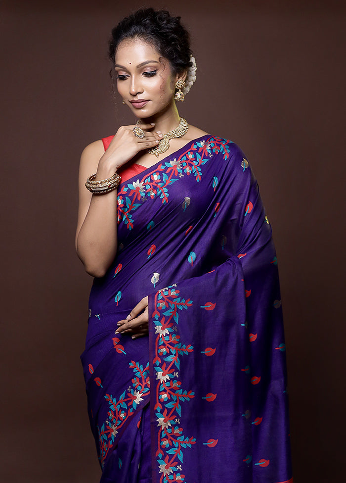 Blue Dupion Silk Saree With Blouse Piece