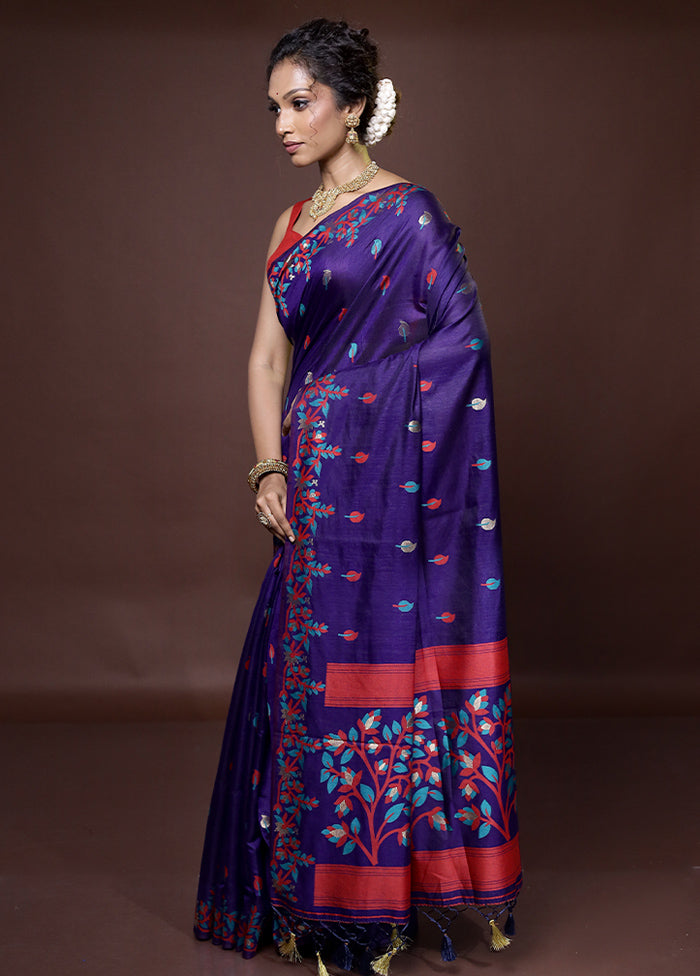 Blue Dupion Silk Saree With Blouse Piece