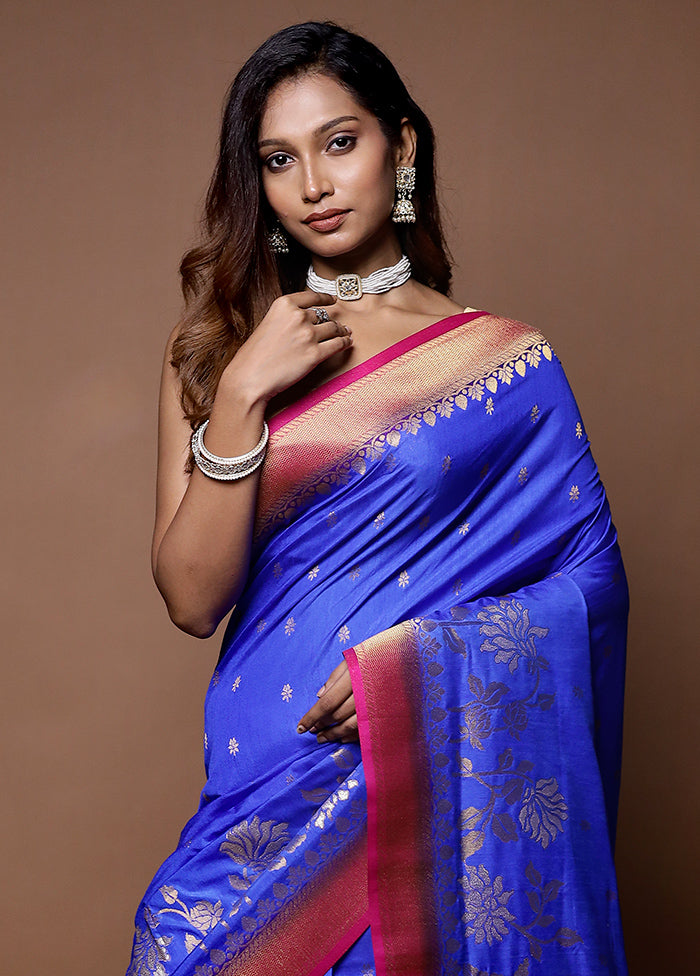 Blue Dupion Silk Saree With Blouse Piece