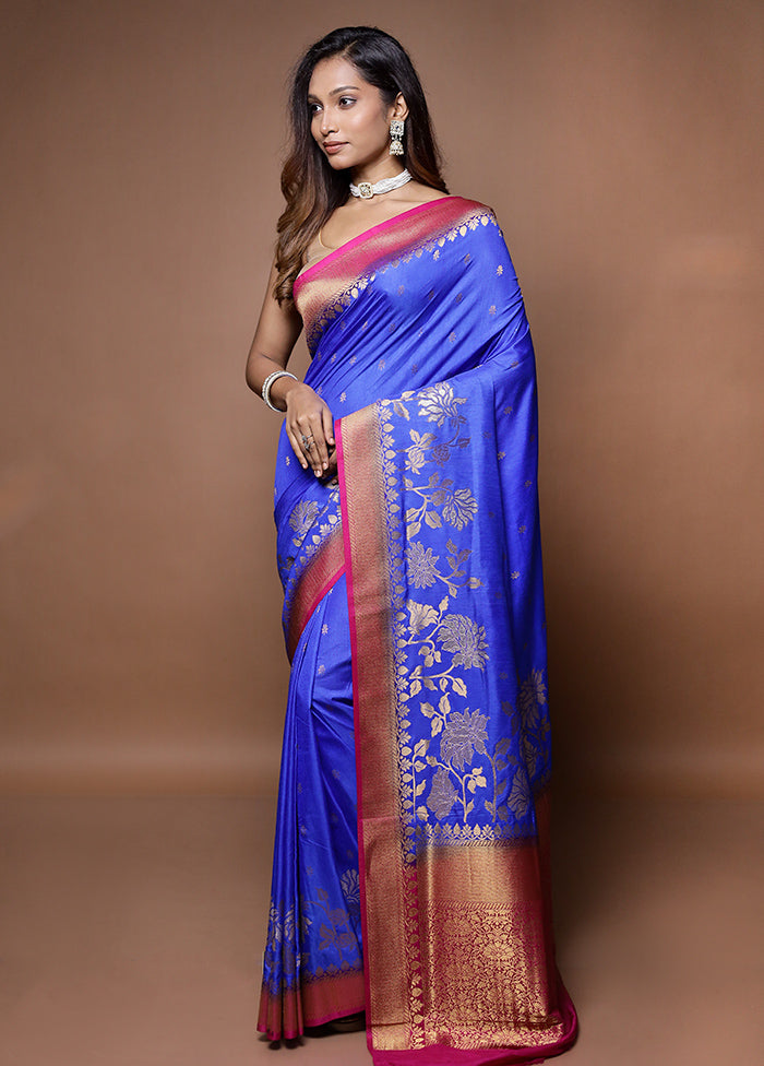 Blue Dupion Silk Saree With Blouse Piece