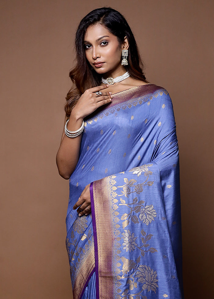 Blue Dupion Silk Saree With Blouse Piece - Indian Silk House Agencies