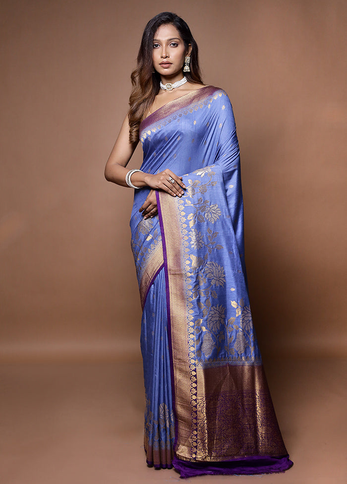 Blue Dupion Silk Saree With Blouse Piece - Indian Silk House Agencies