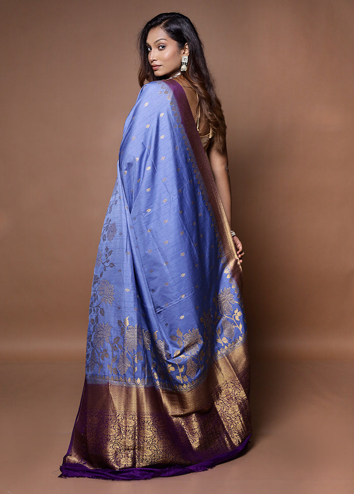 Blue Dupion Silk Saree With Blouse Piece - Indian Silk House Agencies