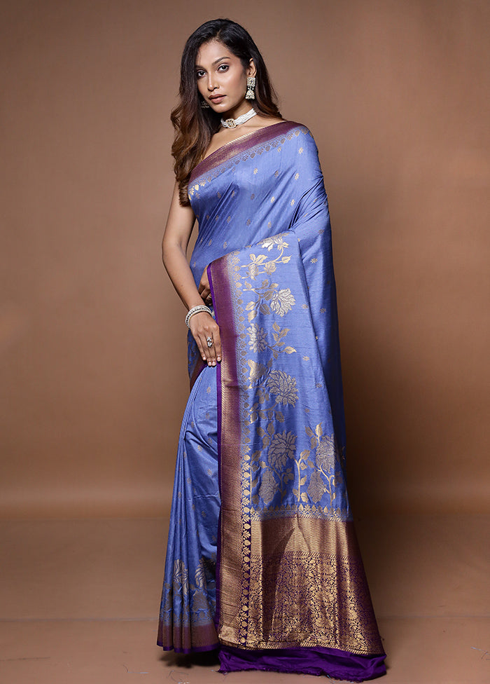 Blue Dupion Silk Saree With Blouse Piece - Indian Silk House Agencies