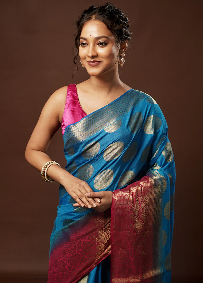 Blue Dupion Silk Saree With Blouse Piece - Indian Silk House Agencies