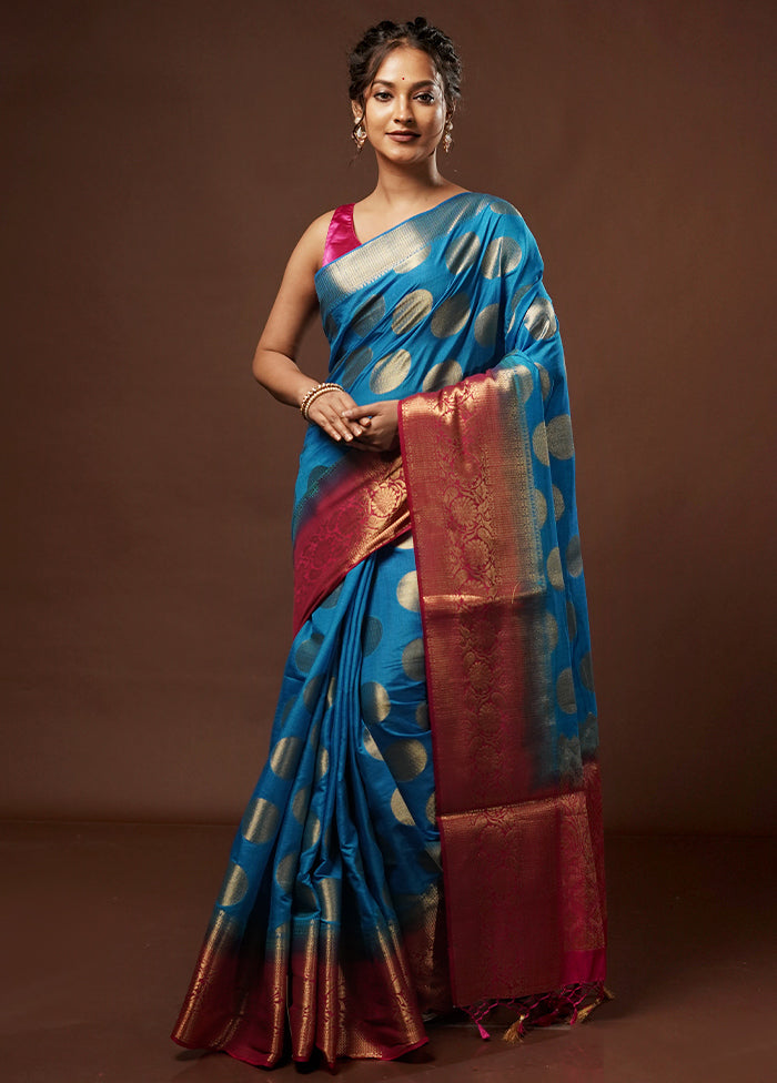 Blue Dupion Silk Saree With Blouse Piece - Indian Silk House Agencies