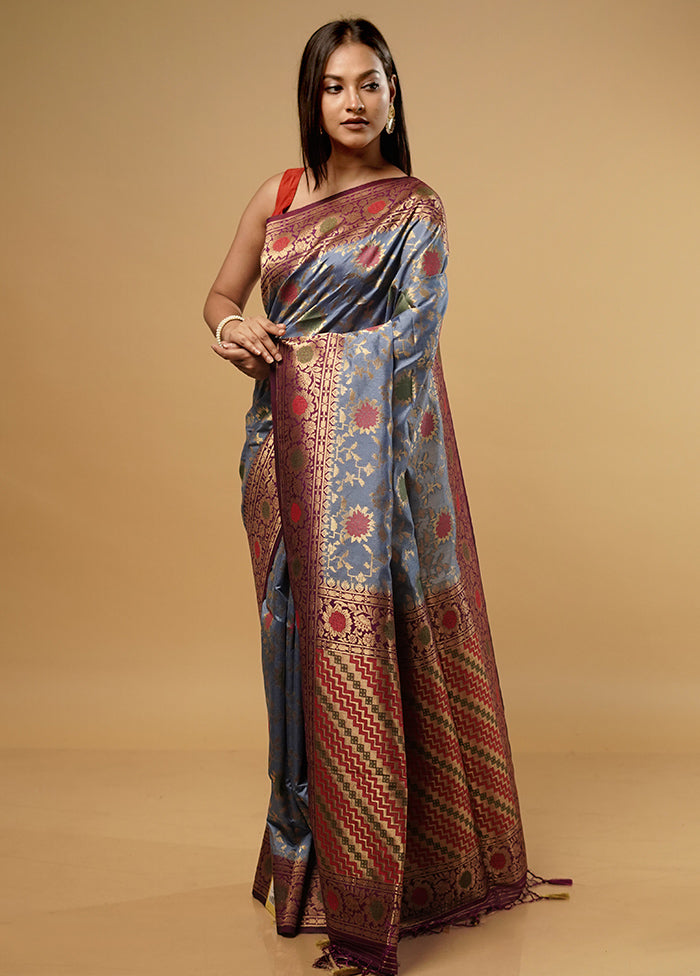 Grey Dupion Silk Saree With Blouse Piece - Indian Silk House Agencies