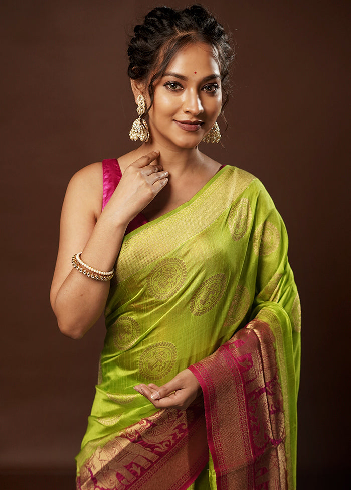 Green Dupion Silk Saree With Blouse Piece - Indian Silk House Agencies