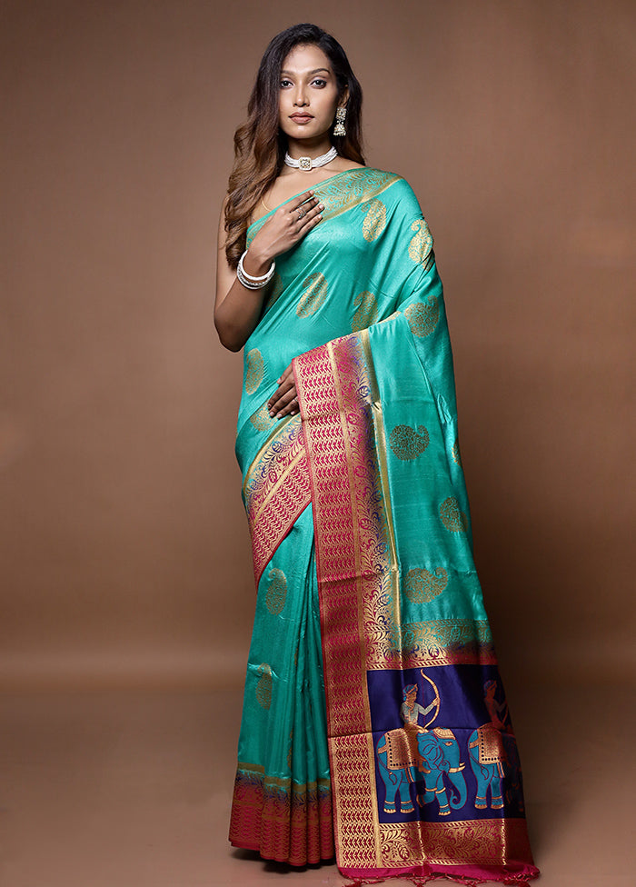 Blue Dupion Silk Saree With Blouse Piece