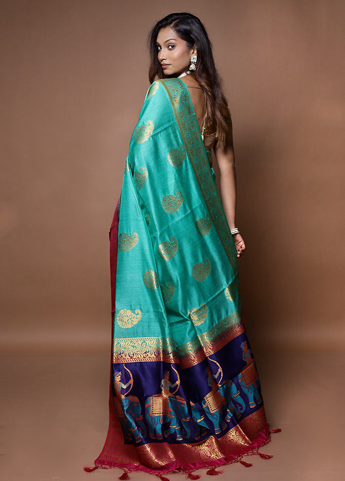 Blue Dupion Silk Saree With Blouse Piece