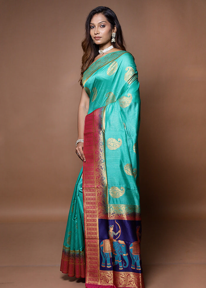 Blue Dupion Silk Saree With Blouse Piece