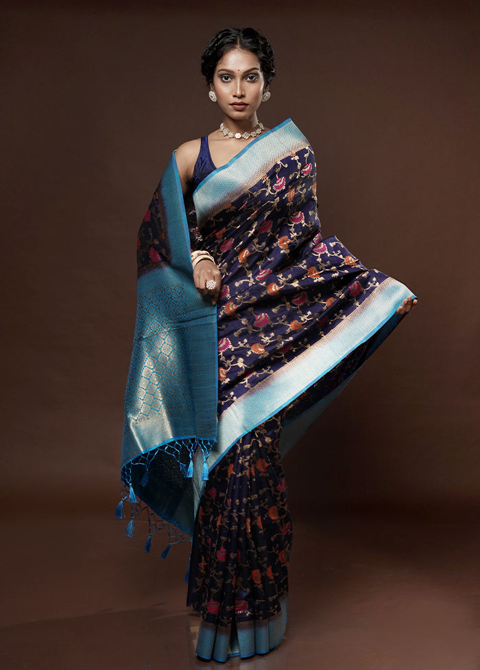 Blue Dupion Silk Saree With Blouse Piece - Indian Silk House Agencies