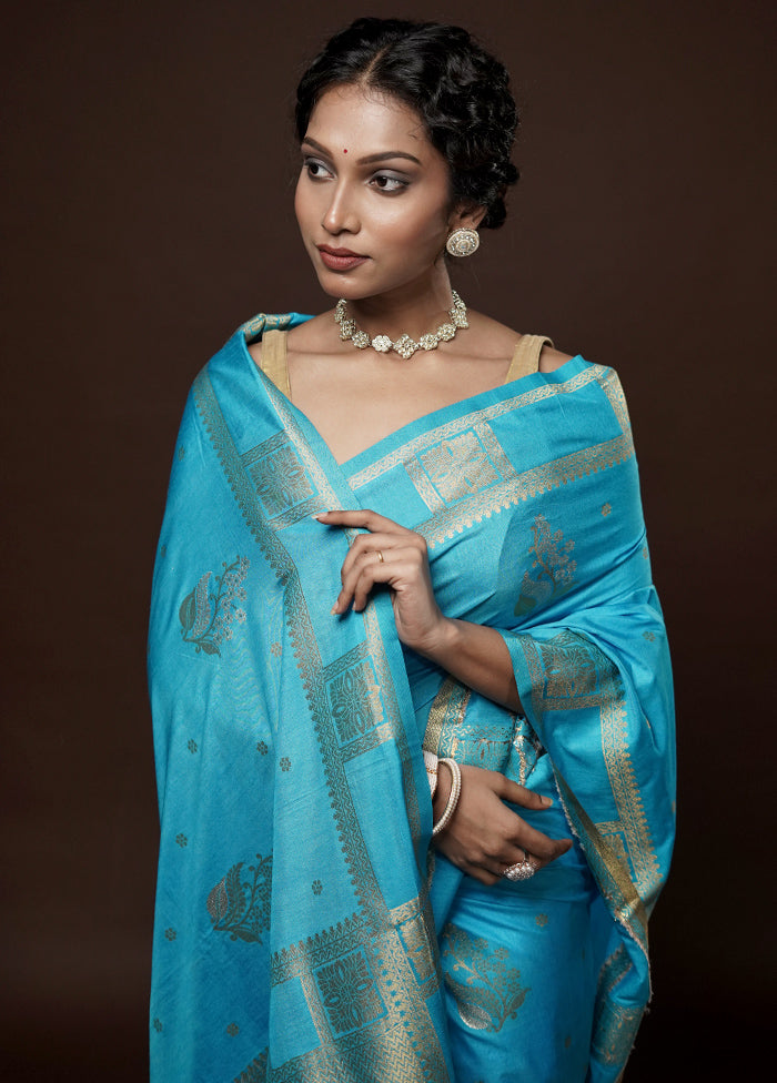 Blue Dupion Silk Saree With Blouse Piece - Indian Silk House Agencies