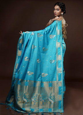 Blue Dupion Silk Saree With Blouse Piece - Indian Silk House Agencies