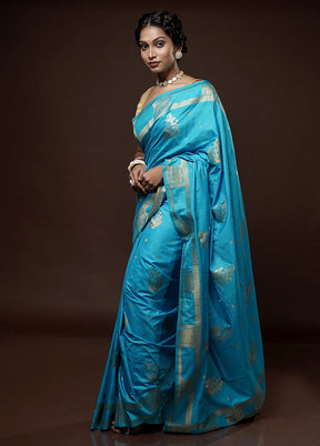 Blue Dupion Silk Saree With Blouse Piece - Indian Silk House Agencies